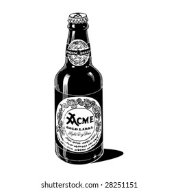 Vintage 1950s Generic Beer Bottle; detailed black and white from authentic hand-drawn pen and ink.