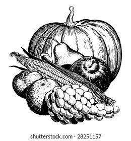 Vintage 1950s Harvest of fruit and vegetables; detailed black and white from authentic hand-drawn scratchboard.