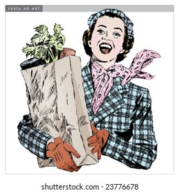 Vintage 1950s Woman with Groceries; Detailed black and white from authentic hand-drawn scratchboard includes full colorization. svg