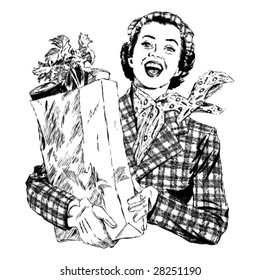 Vintage 1950s Woman with Groceries; Detailed black and white from authentic hand-drawn scratchboard.