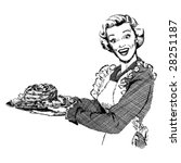 Vintage 1950s Woman serving roast for dinner.  Detailed black and white from authentic hand-drawn scratchboard.