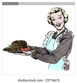 Vintage 1950s Woman serving roast for dinner.  Detailed black and white from authentic hand-drawn scratchboard includes full colorization. svg