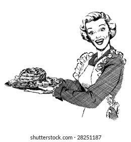 Vintage 1950s Woman serving roast for dinner.  Detailed black and white from authentic hand-drawn scratchboard. svg