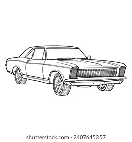 Vintage 1960s American muscle car silhouette vector illustration, sport car line art, Hand-Drawn Outline Design, Isolated on White Background