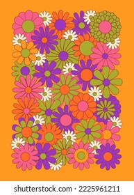 Vintage 1970s floral poster. 1960s nostalgic groovy flat vector illustration. Hippie fun background. Retro flower power gift card template.