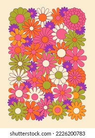 Vintage 1970s floral poster. 1960s nostalgic groovy flat vector illustration. Hippie fun background. Retro flower power gift card template.