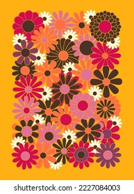 Vintage 1970s floral poster. 1960s nostalgic groovy flat vector illustration. Hippie fun background. Retro flower power gift card template.