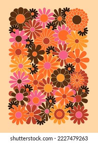 Vintage 1970s floral poster. 1960s nostalgic groovy flat vector illustration. Hippie fun background. Retro flower power gift card template.