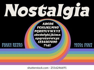 A vintage 1970s style rainbow loop graphic with a nostalgic retro styled alphabet