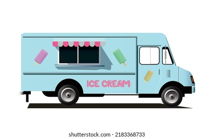 Vintage 1980's blue ice cream truck, retro van, vector illustration, white background