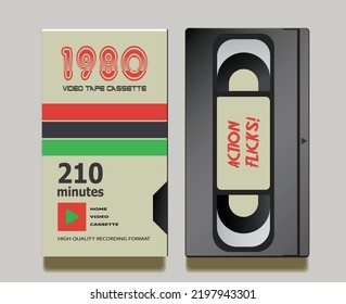 Vintage 1980's vhs cassette and cover, realistic vector mock-up design