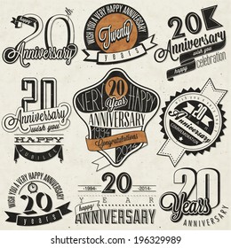 Vintage 20 anniversary collection. Twenty anniversary design in retro style. Vintage labels for anniversary greeting. Hand lettering style typographic and calligraphic symbols for 20 anniversary.