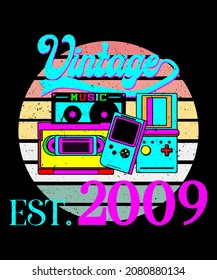 Vintage 2009 Tshirt Design with Vintage Retro Color Theme Vintage Sunset T-Shirt Design for teen Boyes and girls years. Retro Color Style Design for Teenage Girls Boys Kids.