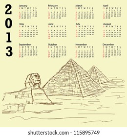 vintage 2013 calendar with hand drawn illustration of famous tourist destination sphinx and pyramids of Egypt.