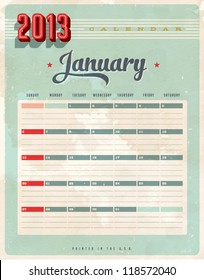 Vintage 2013 Calendar - January - Vector EPS10. Grunge effects can be easily removed for a brand new, clean sign.