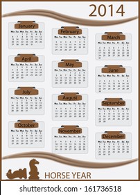 Vintage 2014 monday start calendar template. Easy to edit calender illustration with horse figures. Abstract isolated calendar vector design. 