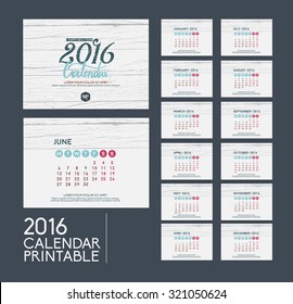 vintage 2016 calendar printabel set 12 months vector design template. 