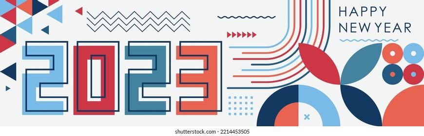Vintage 2023 new year text design with modern geometric typography and abstract retro background. Greeting banner for 2023 events or resolution includes colorful red blue shapes. Vector illustration