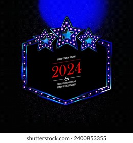 Vintage 2024 golden numbers and festive confetti on dark background. Vector holiday illustration. Happy New 2024 Year. New year tournament. Decoration element with tinsel