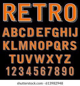 Vintage 3 dimensional typeset, retro font, vector letters and numbers, decorative type, cartoon alphabet. Retro design alphabet typeface illustration