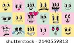 Vintage 30s 40s 50s cartoon Expressive eyes and mouth, smiling, crying and surprised character face expressions emoji set Premium Vector