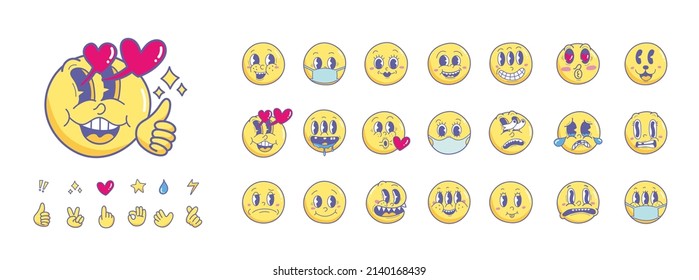 Vintage 30s 40s 50s cartoon and comic facial expressions emoji. Expressive eyes and mouth, smiling, crying and surprised character face expressions vector set Premium Vector