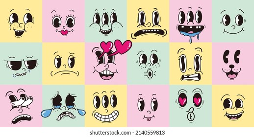 Vintage 30s 40s 50s cartoon Expressive eyes and mouth, smiling, crying and surprised character face expressions emoji set Premium Vector