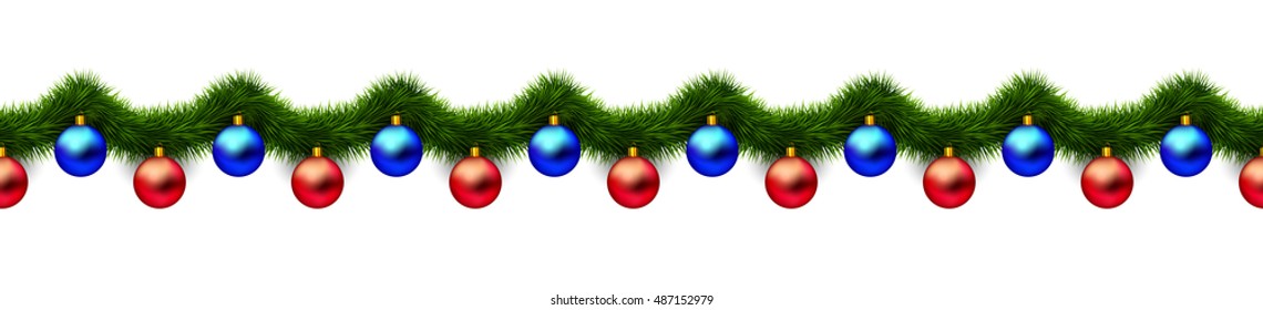 Vintage 3D abstract vector christmas decoration isolated on white background. Red and blue xmas holiday ornaments and green tinsel isolated on white. Winter holiday repeating border, seamless pattern