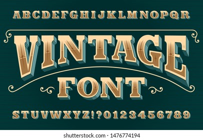 Vintage 3D alphabet font. Ornate retro letters and numbers. Vector typeface for your typography design.