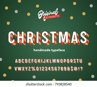 Vintage 3D Christmas Striped Alphabet. Retro Xmas Typeface. Vector Illustration.