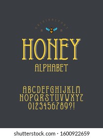Vintage 3d font with stripes shadow. Drawn graphic design of Latin characters, digit, punctuation.