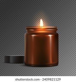 A vintage 3d illustration of a glowing candle in a brown glass jar, isolated on a transparent background. The realistic design evokes nostalgia, suitable for aromatherapy or antique decor. Not AI.