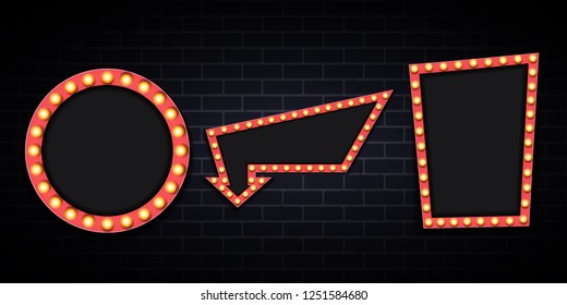 Vintage 3d light retro frame on brick wall. Vector Illustration EPS10