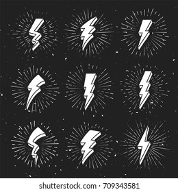 Vintage 3D Lightning Bolt Signs on dark Background. Hipster illustration in retro style Template for t-shirt, cover, pack, emblem, sign, sticker, banner, apparel, logo, poster or your art works.