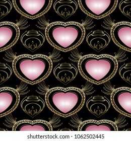Vintage 3d love hearts seamless pattern. Vector patterned background. Surface abstract romantic ornament with love hearts, line art tracery flowers, lines, swirls. Design for cards, wallpapers, fabric