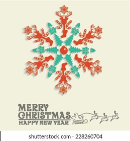 Vintage 3d pop-up Christmas snowflake with elements and text background.Happy new year card.Holiday,celebrations vector illustration objects and ornaments.Can be use for brochure,banner,backdrop