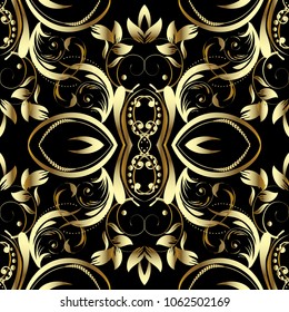 Vintage 3d seamless pattern. Vector floral background. Surface gold flowers leaves, swirls, scrolls, dots, lines. Antique damask ornaments in victorian baroque style. Luxury wallpaper. Modern design