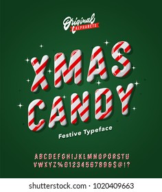 Vintage 3D Striped Christmas Candy Inspired Alphabet. Retro Xmas Typeface. Original Festive Typography. Vector Illustration. Slanted Version.