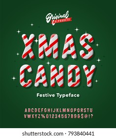 Vintage 3D Striped Christmas Candy Inspired Alphabet. Retro Xmas Typeface. Original Festive Typography. Vector Illustration.