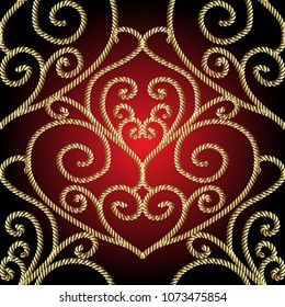 Vintage 3d textured love seamless pattern. Vector beautiful red shiny background. Hand drawn swirls line art tracery love hearts ornament. Ornate design for cards, wallpaper, fabric. Surface texture