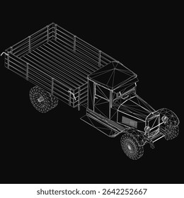 Vintage 3D truck model with a trailer, rendered realistically on a black background. Detailed headlights, chrome grille, and textured wheels enhance the classic design.