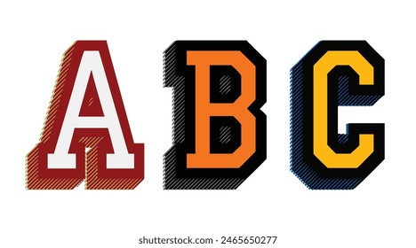 Vintage 3D varsity college typography letter set embroidery patch illustration text for graphic tee sweatshirt hoodie or bomber - Vector 