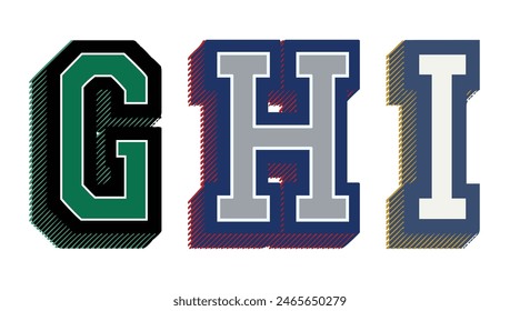 Vintage 3D varsity college typography letter set embroidery patch illustration text for graphic tee sweatshirt hoodie or bomber - Vector 