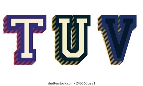 Vintage 3D varsity college typography letter set embroidery patch illustration text for graphic tee sweatshirt hoodie or bomber - Vector 