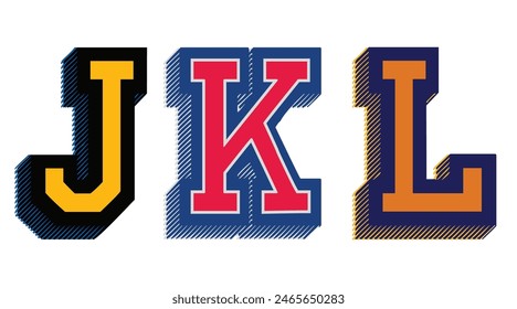 Vintage 3D varsity college typography letter set embroidery patch illustration text for graphic tee sweatshirt hoodie or bomber - Vector 