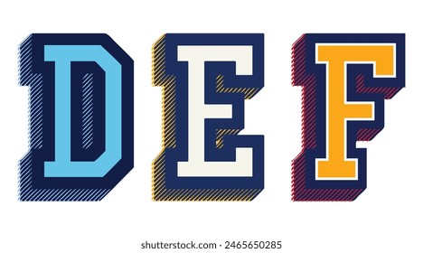 Vintage 3D varsity college typography letter set embroidery patch illustration text for graphic tee sweatshirt hoodie or bomber - Vector 