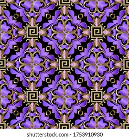 Vintage 3d vector seamless pattern. Floral ornamental colorful background. Baroque style violet 3d ornaments. Golden flowers, mandalas, lines, leaves. Luxury abstract modern design. Greek key meander.