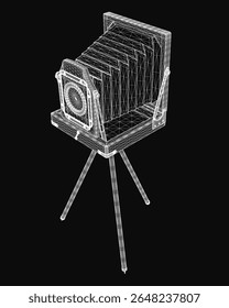 Uma câmera 3D vintage fica em um tripé contra um plano de fundo preto elegante, mostrando texturas e detalhes realistas. O design clássico apresenta mostradores visíveis, um aperto de couro e um polido.