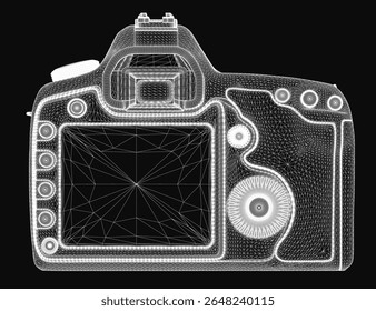 A vintage 3D-rendered camera sits on a tripod against a sleek black background, showcasing realistic textures and details. The classic design features visible dials, a leather grip, and a polished.