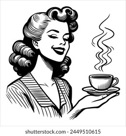 Vintage 40's smiling woman offering a cup of coffee simple minimalist clean line art drawing black and white 01